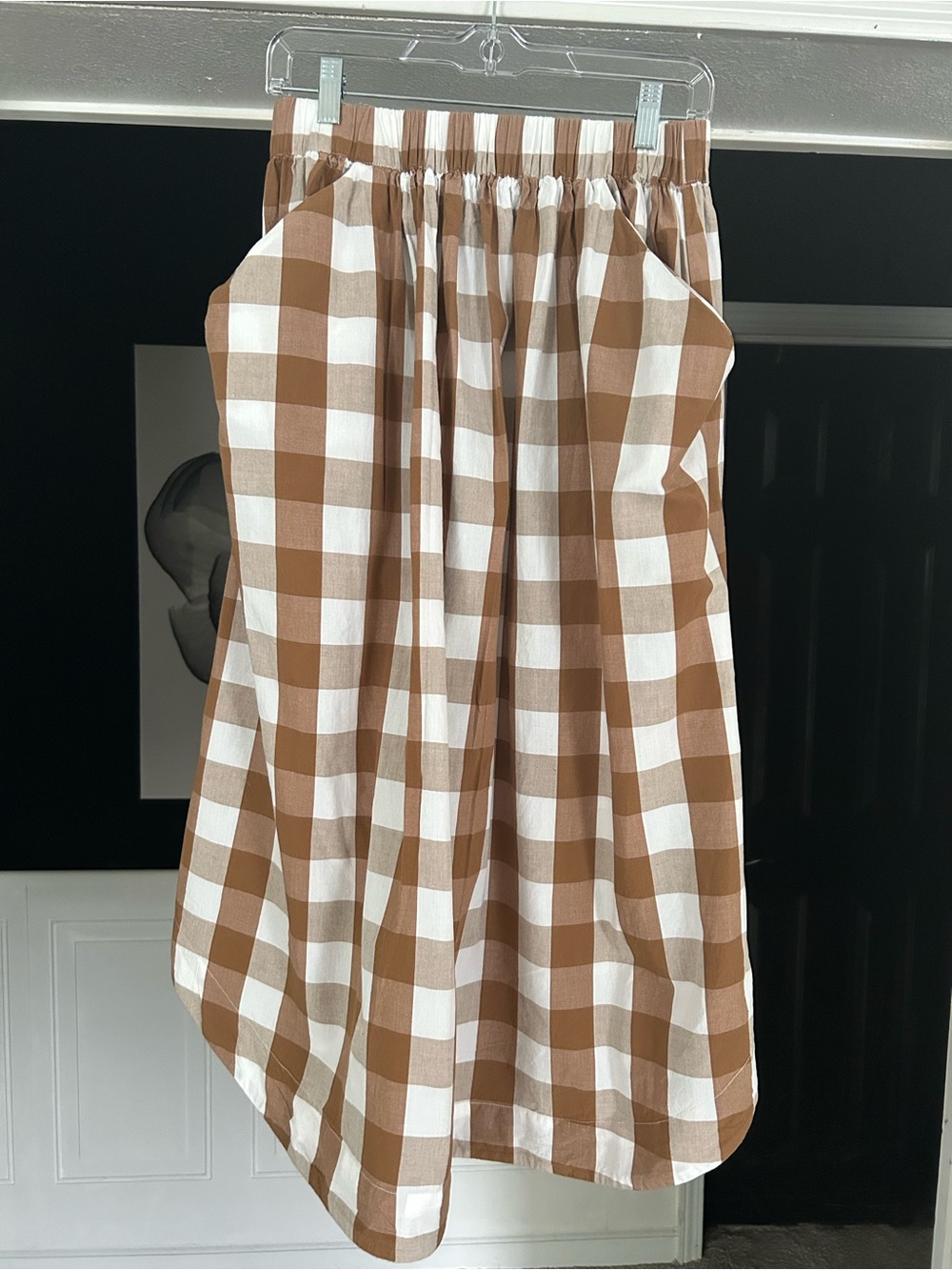 What Two Anthro Collab Brown Gingham Maxi Skirt with Elastic Waist
